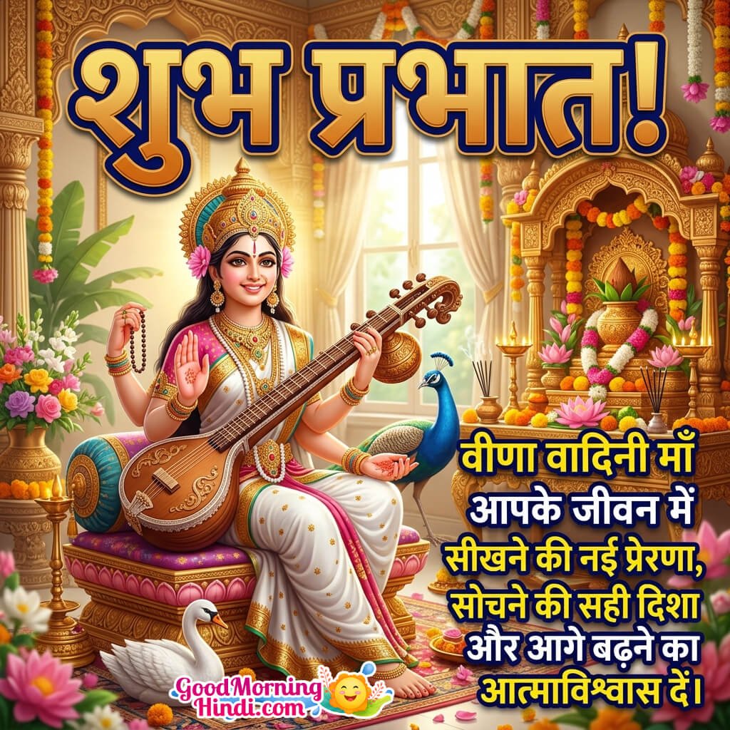 Shubh Prabhat Saraswati Mata Hindi Wish With Flowers Image